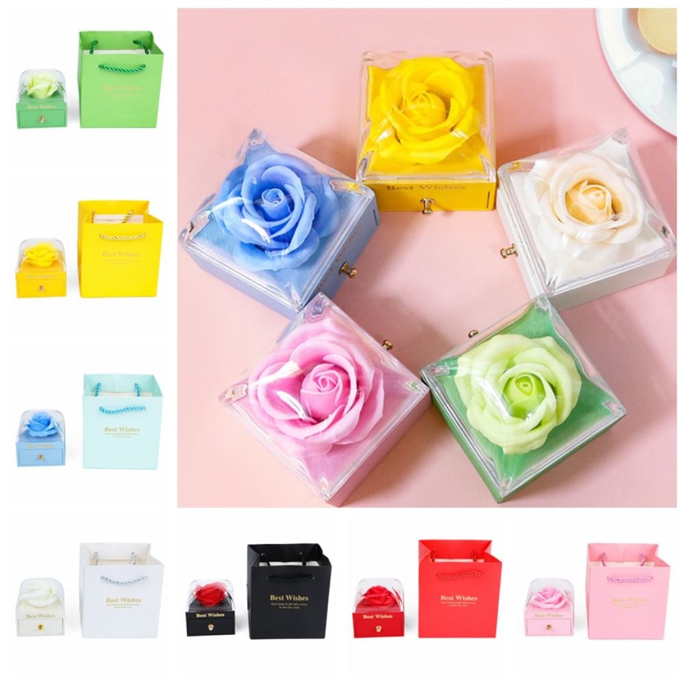 Portable Paper Rose Jewelry Box Macaron Color Series Sponge Core Floral Gift Box Artificial Rose Decor Flower Shaped Ornament Packaging Box Holiday Present Box
