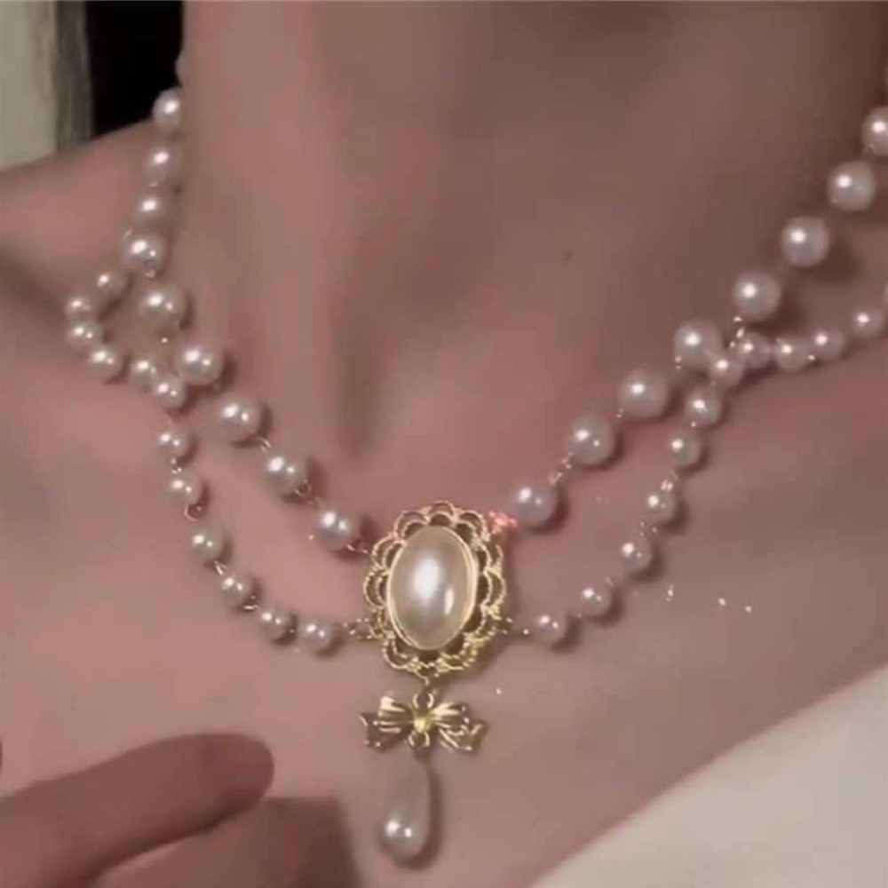 Double Layer Chandel Necklace Meatl Beaded with Imitation Pearls New Fashion Exquisite Pendant Jewelry Gift
