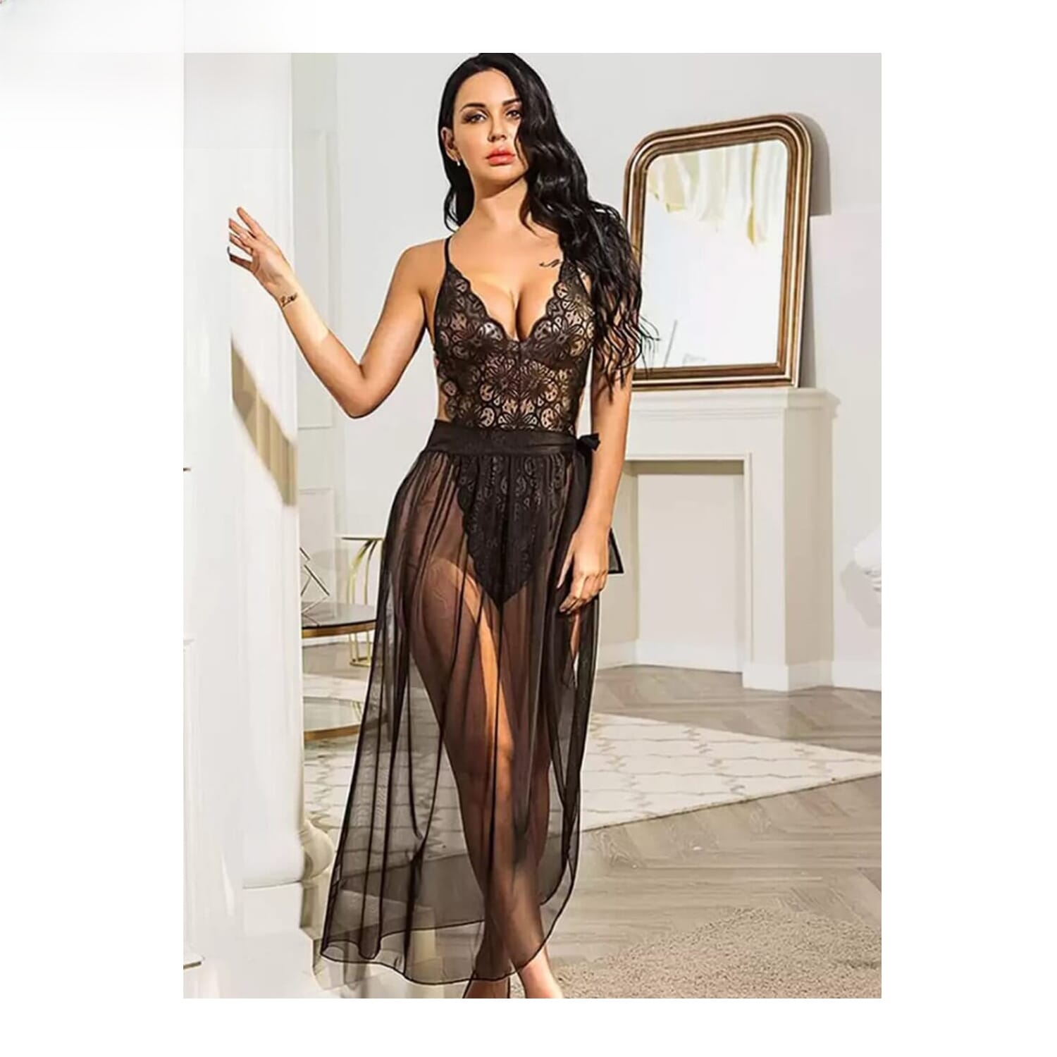 Fancyra Elegant Lace Teddy & Sheer Wrap Skirt Lingerie Set, Free Size, Black, New