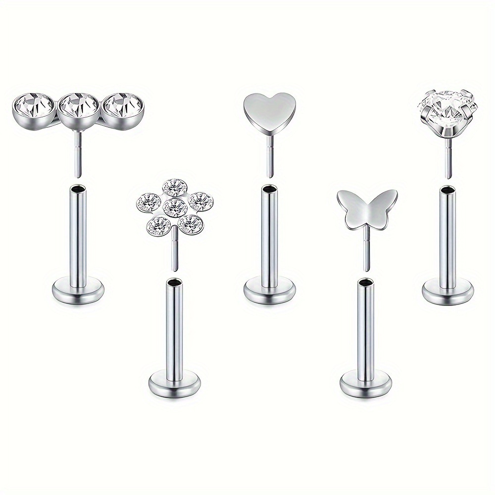 【Special offer】5 pieces of stainless steel lip stud rod flower butterfly love zircon piercing jewelry combination suit