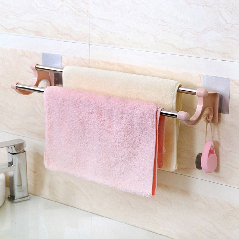 Multifunctional Stainless Steel Double Rod Towel Bar Punch-free Wall Mounted Towel Rack Space Saving Traceless Towel Storage Shelf Toilet