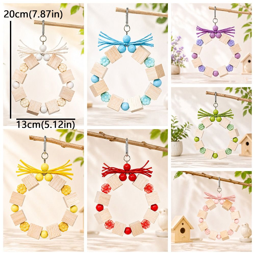 Funny Ring-shaped Wooden Parrot Chewing Toy Colorful Beads Solid Wood Bird Foraging Swing Bite Resistant Wear Resistant Parrot Enrichment Toy For Pet Bird