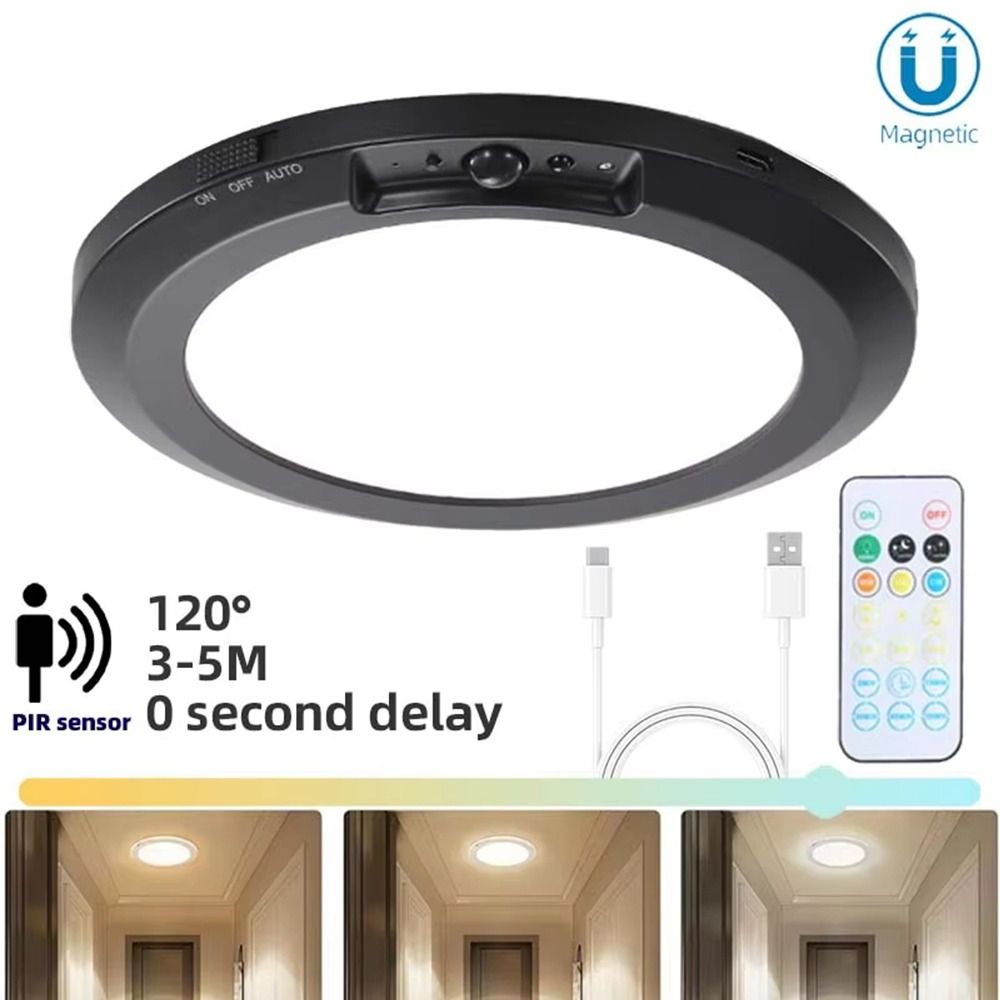 Round Shape Magnetic Lamp Motion Sensor Ceiling Light Dimmable Closet Wireless Wall Lamp Remote Control Auto On/Off LED Night Light Indoor Home