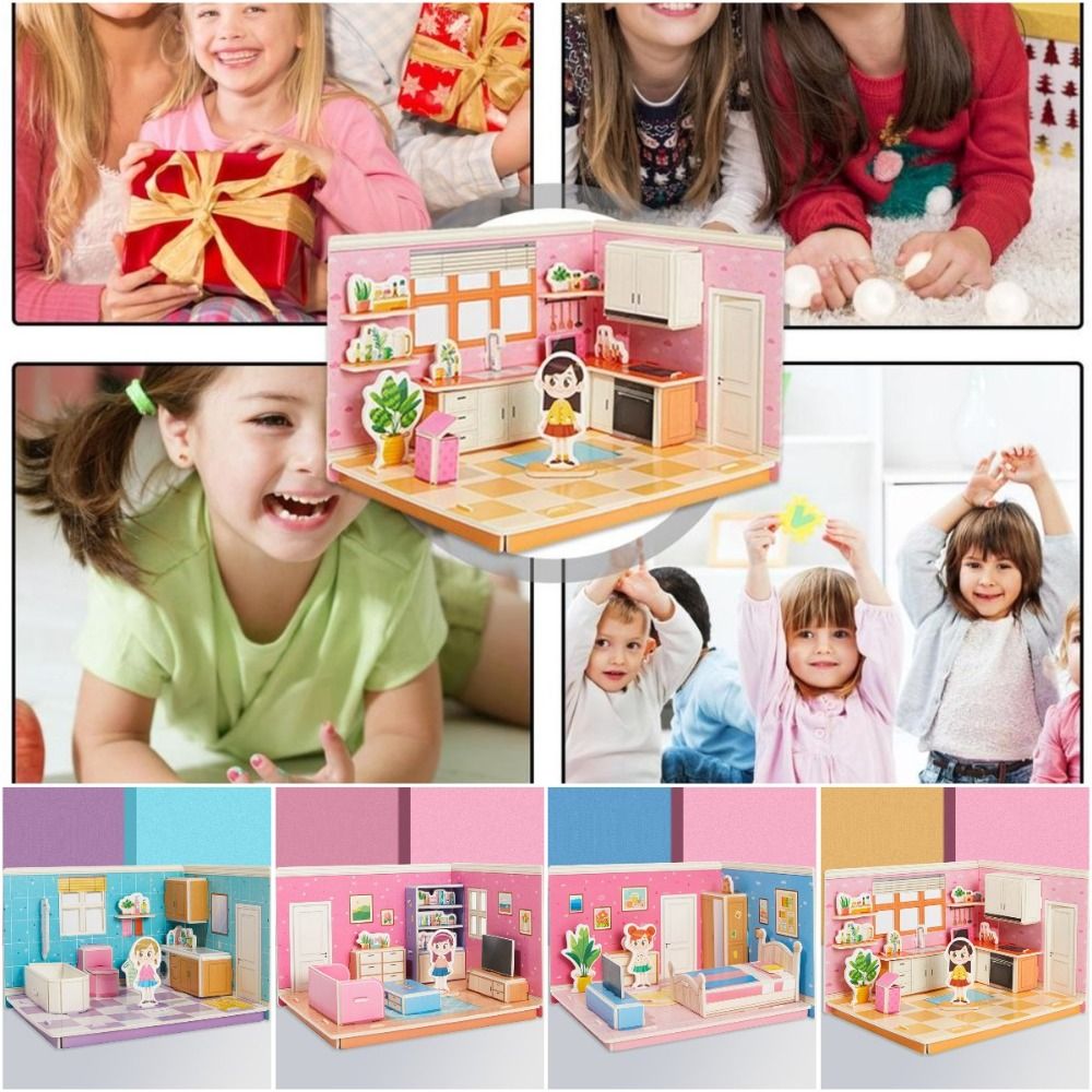 DIY Educational Toy Cardboard 3D Room Model Puzzle Toys Kitchen Bedroom 3D Room Cardboard Room Bathroom Room Model Craft Toys Children Gifts