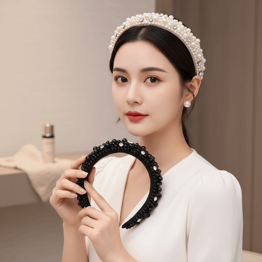Beaded Hair Hoop High Top Structure Full Hair Hoop Style Elegant Handcrafted Wide Headpiece Solid Colorways Elastic Plastic Base Baroque Headdress Office Ladies