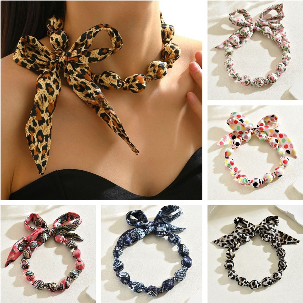 Fashion Floral Printed Women Scarf Necklace Bowknot Soft Retro Leopard Print Choker Comfortable Versatile Clavicle Collar Headbands