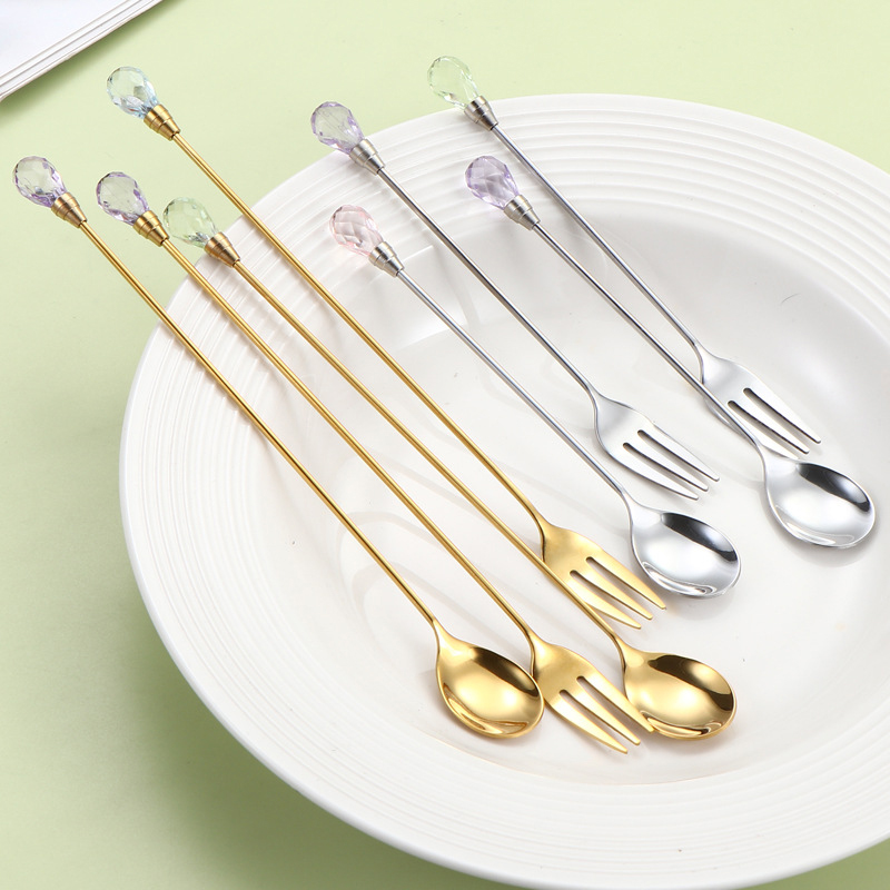 Diamond Spoon Fork Stainless Steel Long Stirring Spoon Exquisite Crystal Teaspoon For Ice Cream Dessert Coffee Cocktail Mug CF8