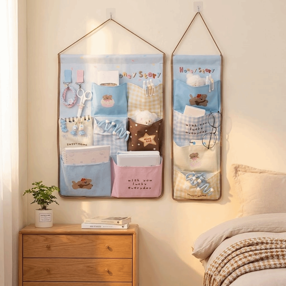 Cute 4/7 Pockets Wall Hanging Storage Bag Cotton Linen Large Capacity Cartoon Hanging Bag Decorative Space Saving Closet Storage Bag Dormitory
