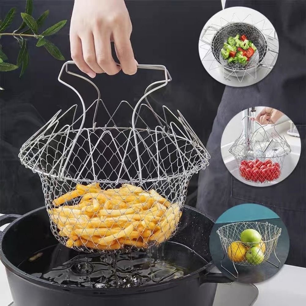Durable Stainless Steel Fryer Basket Multifunctional Foldable French Fry Strainer Silver Deep Fryer Kitchen Supplies