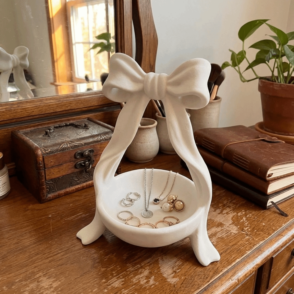 New Plastic Material Bowknot Storage Dish Pure White Simple Design Jewelry Tray Decorative Cute Style Key Storage Box Bedroom