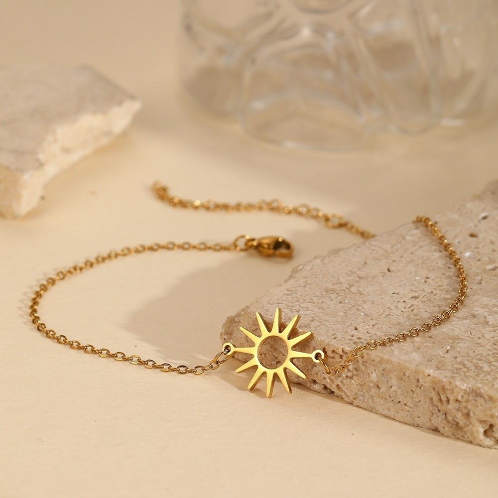 New Gold Color Sun Hollow Bracelets Stainless Steel Fashion Design Stainless Steel Hand Chain Adjustable Chain Vintage Style Sun Anklet for Seaside Vacation