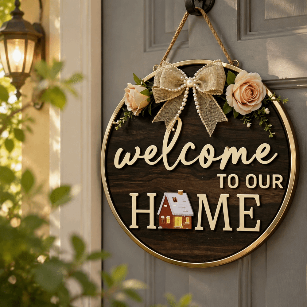 Ornaments 2D Flat Welcome Sign Wooden Flower Door Wreath Bow Knot Round Shape Hanging Decoration Porch Decor