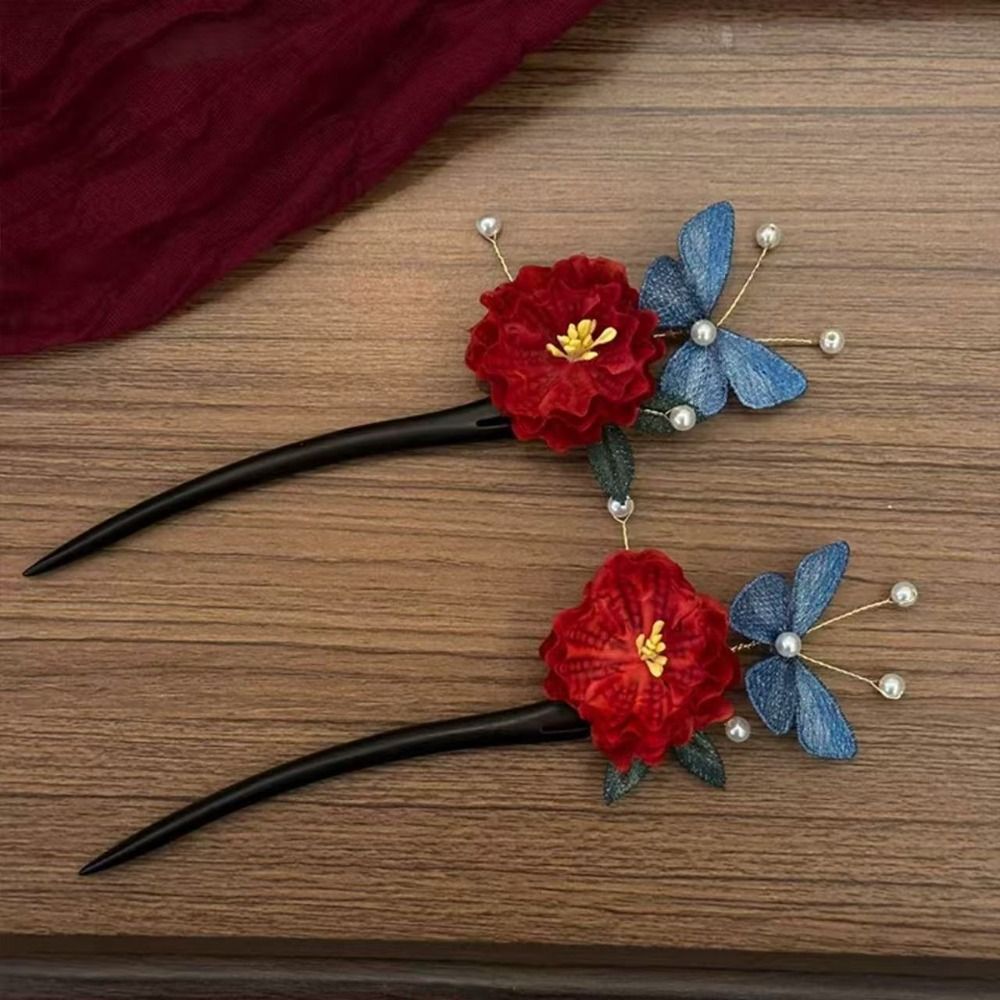 Elegant Tassel Red Flower Hair Clip New Chinese Style Retro Wooden Hair Stick Antique Hanfu Hairpin for Women