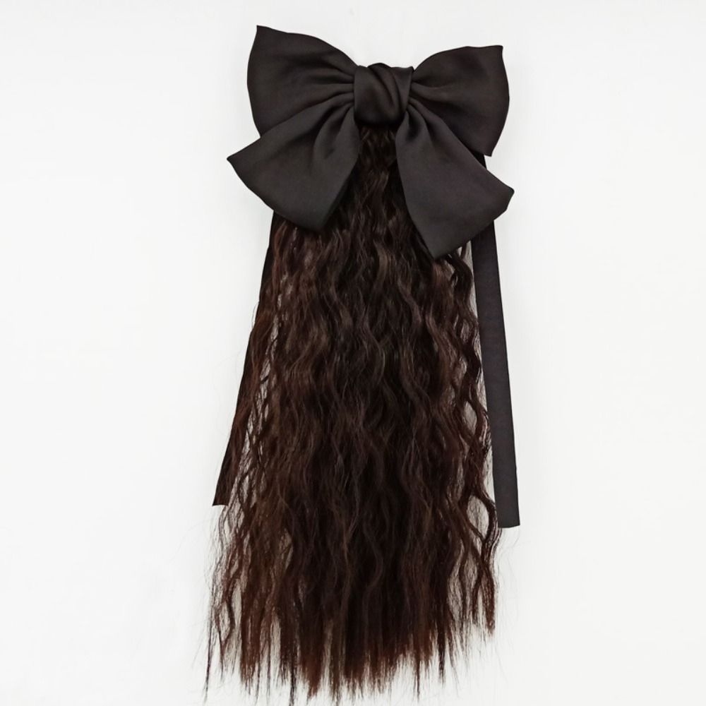 High quality Long Party Decor Fluffy Sweet Cute Headwear Children Curly Ponytail Wig Hair Red Bows Knot Ponytail Heat Resistant