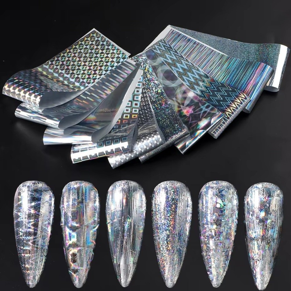 10PCS Fashion Silver Laser Nail Art Foil Geometric Irridescent Rainbow Transfer Stickers Aurora Sequin Effect Nail Decals DIY Manicure