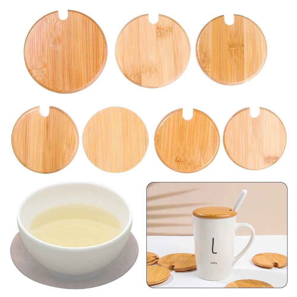 4Pcs Environment Friendly Bamboo Cup Lids Sealed with Spoon Hole Can Mug Cover Anti-dust Reusable Mason Jar Caps Tableware