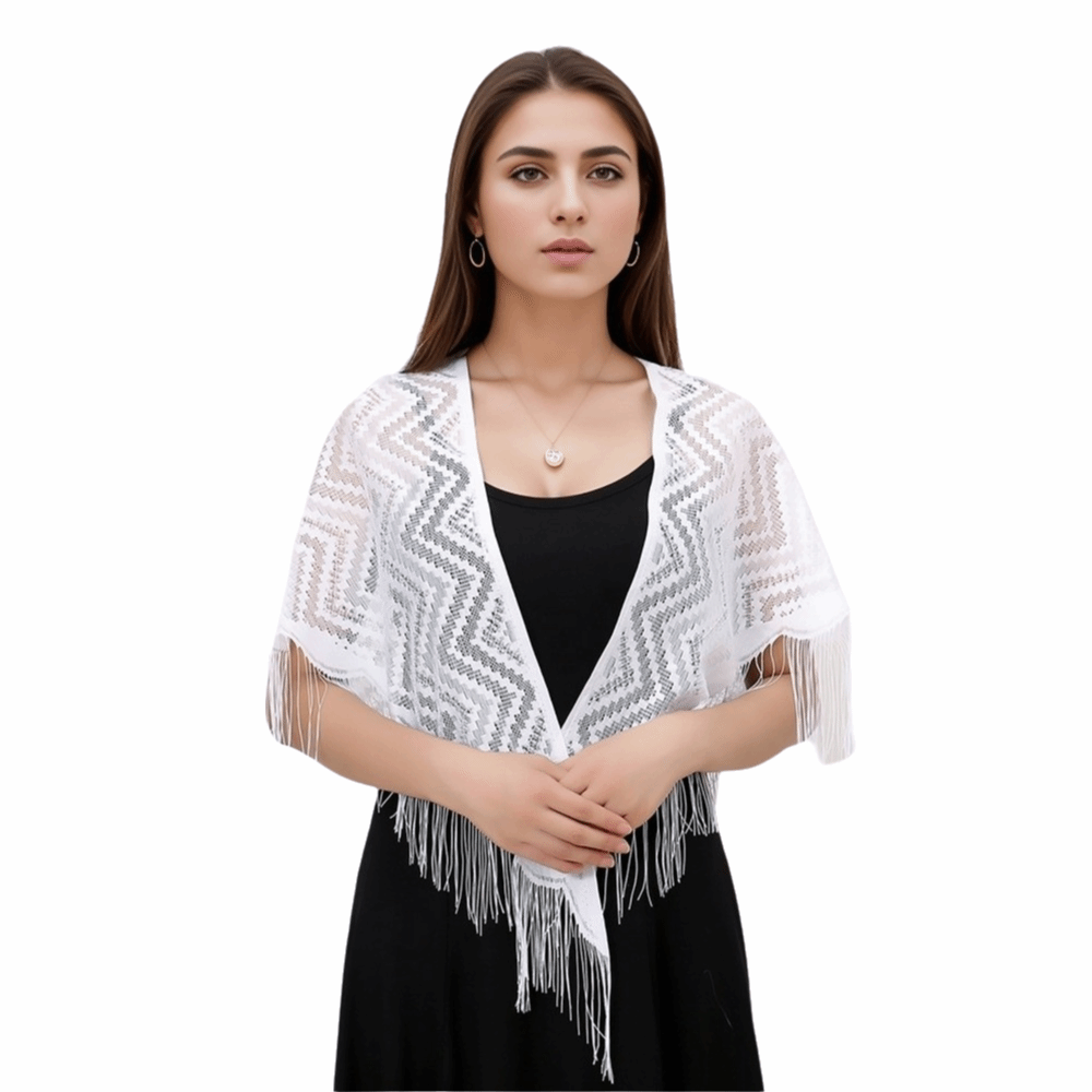 Fashion Cloth Lace Hollow Scarf Embroidery Transparent Tassel Triangle Shawl White Pure Color Mesh Scarves Wedding