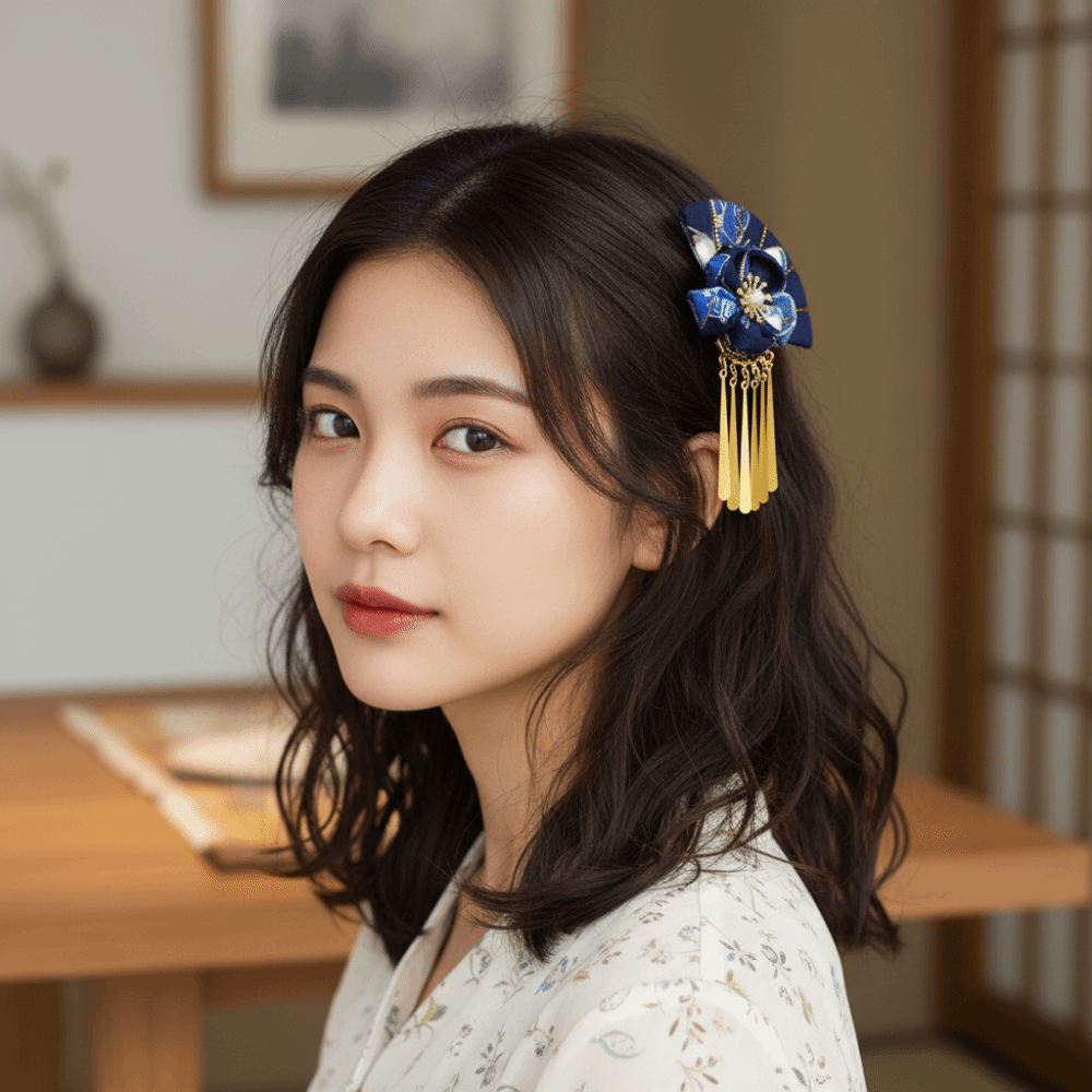 Cute Elegant Kimono Hair Clip Traditional Metal Tassel Fan Shape Hairpin Cloth Sakura Flower Faux Decor Hair Clip Kids Girls