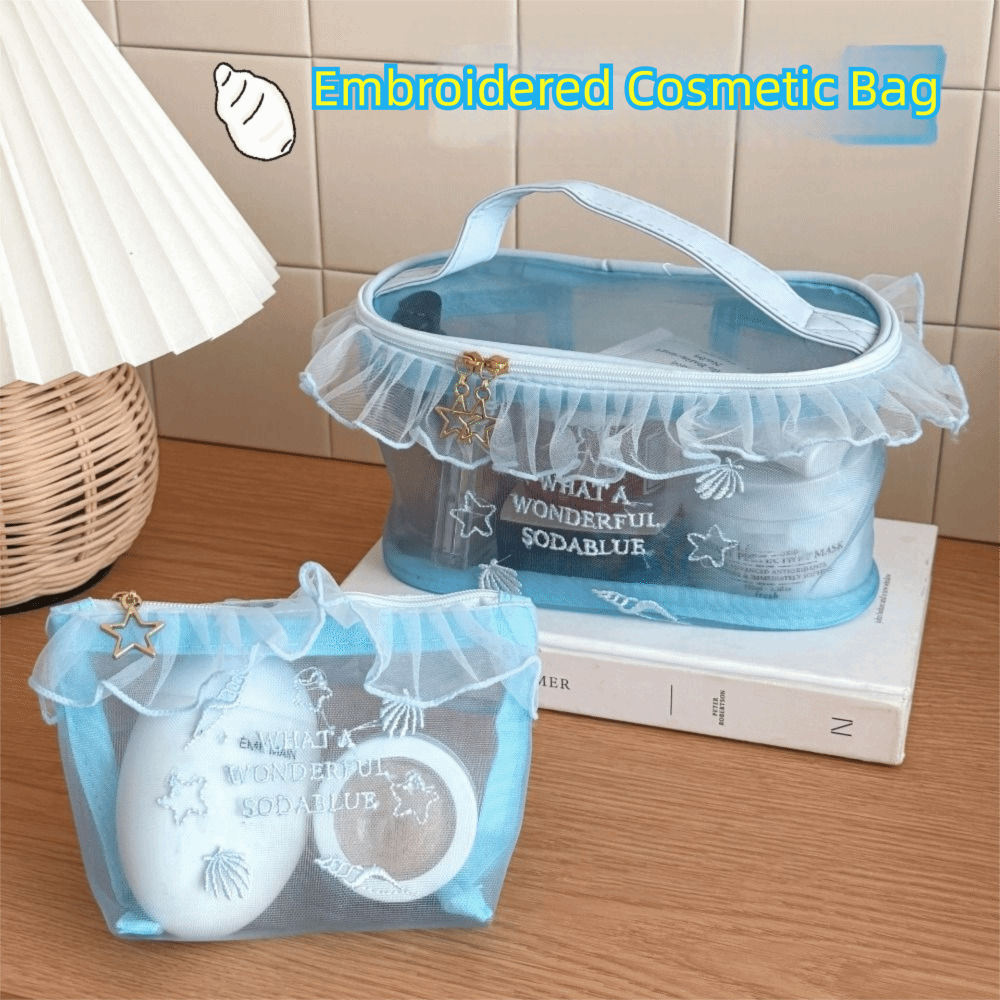 Portable Oxford Cloth Blue Mesh Embroidered Makeup Bag Embroidery Ruffle Edge Nylon Cosmetic Bag Gauze Large Capacity Travel Storage Bag Business