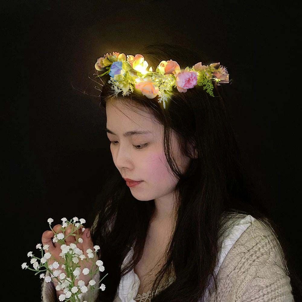 Elegant Simulation Rose Flower Wreath Headband Luminous Tiara Flower Crowns Garland Floral Hoop Glowing Wreath Party
