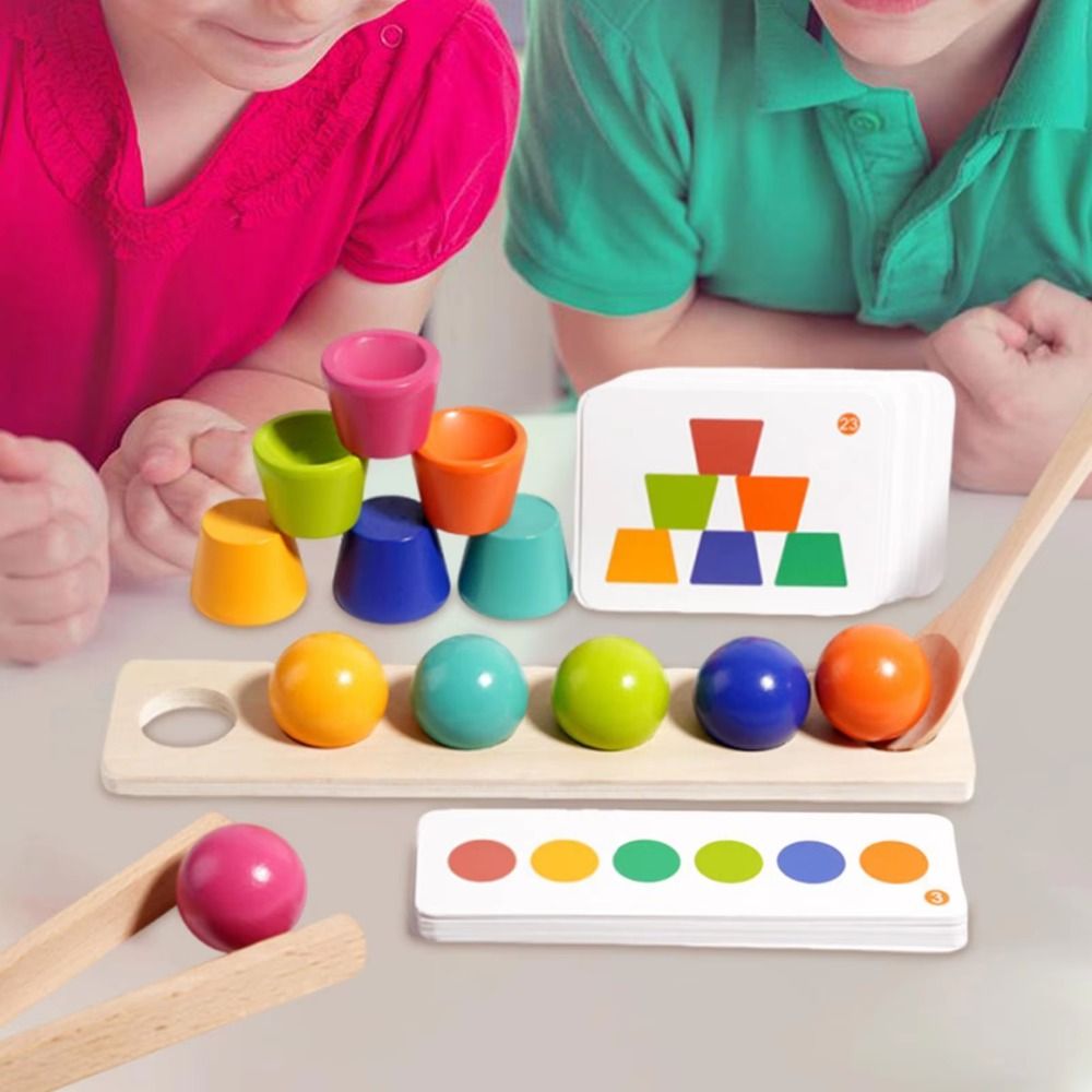 Educational Toys Creative Montessori Color-matching Ball Toys Clip Colored Ball Children's Building Block Toy Spoon Geometric Shape Wooden Color Matching Game Early Education