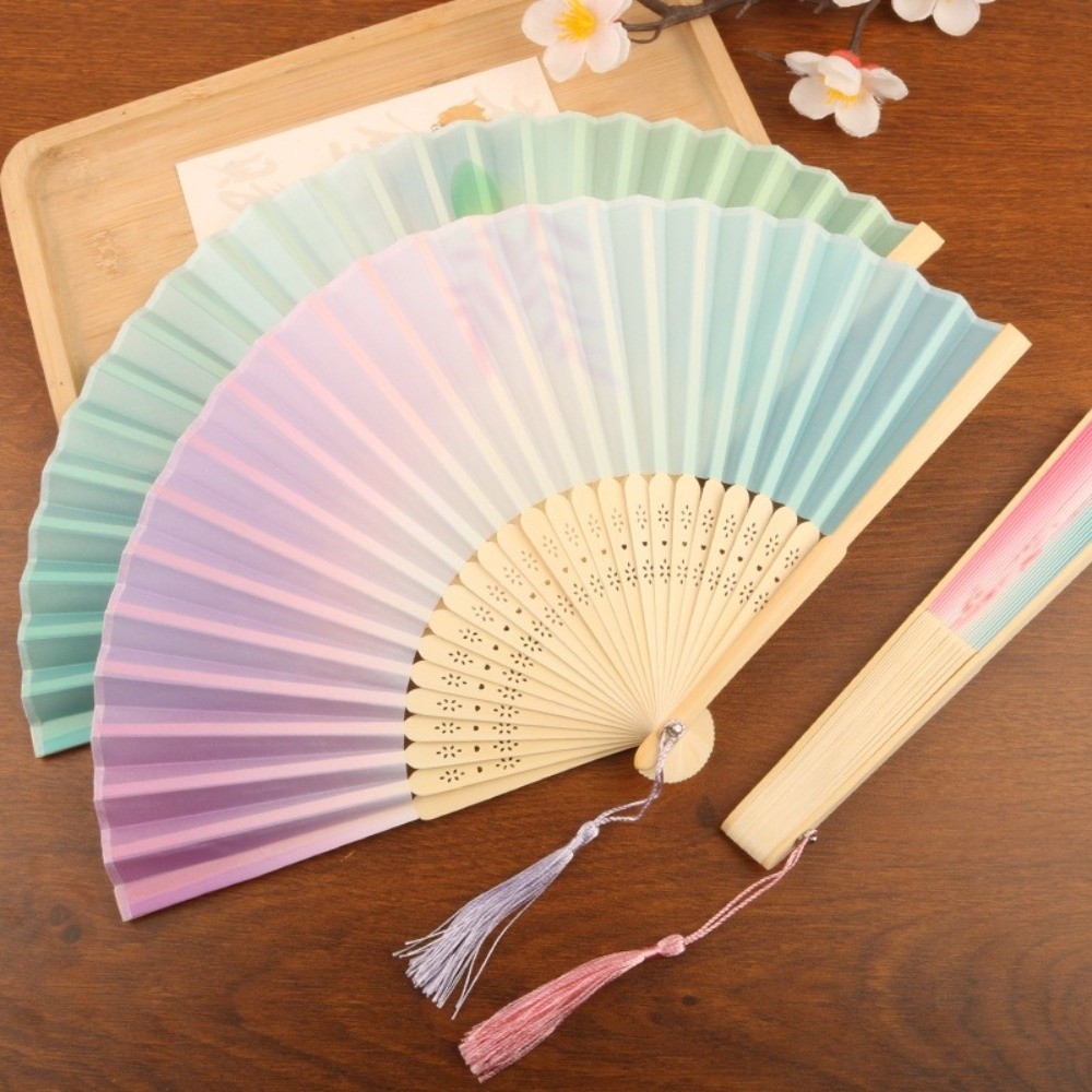 Portable Colorful Hand Folding Fan Traditional with Tassel Chinese Style Fan Vintage Wooden Handle Bamboo Fan Travel Accessory