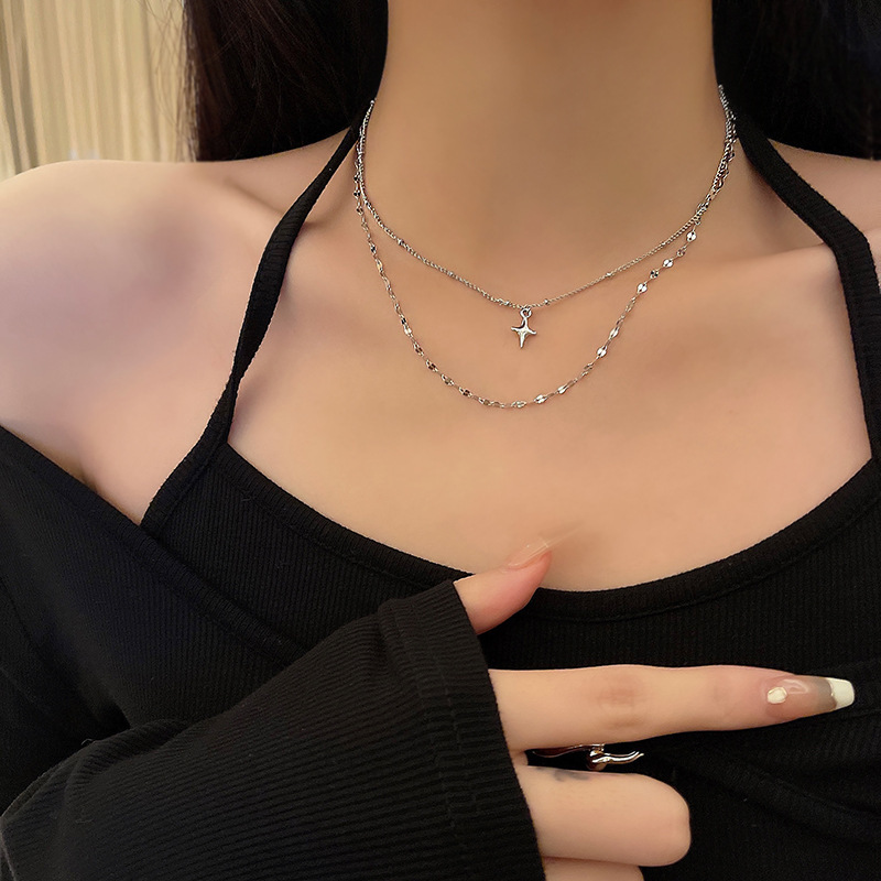 【New Arrivals】Temperament Double Layer Stacked Titanium Steel Necklace Women's Cold Style Personalized Cross Clavicle Chain Trendy All-match Necklace Chain