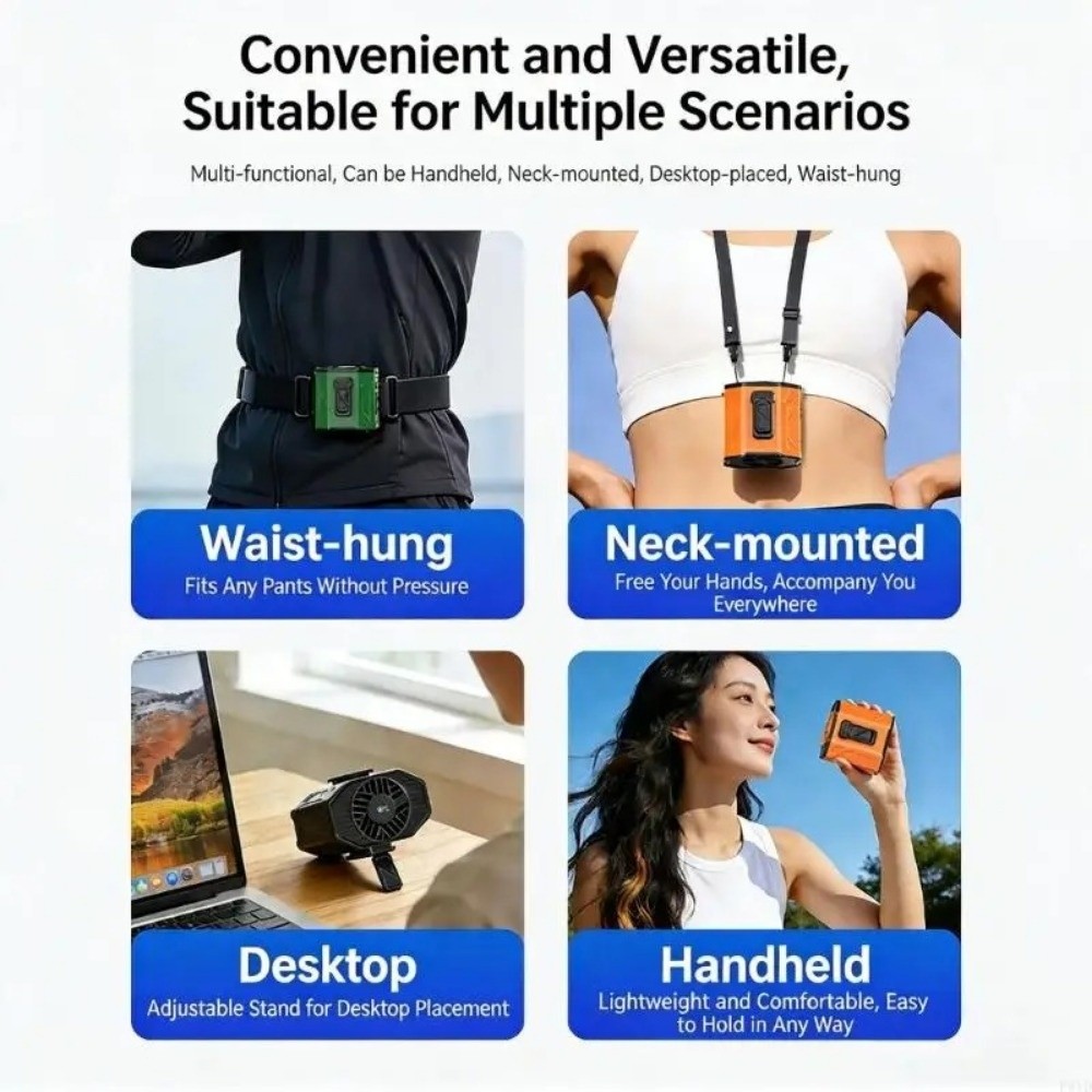 Portable Rechargeable Waist Clip Fan 100 Gears Long Battery Wearable Belt Fan High-Speed Strong Cooling Hanging Neck Fan Fishing