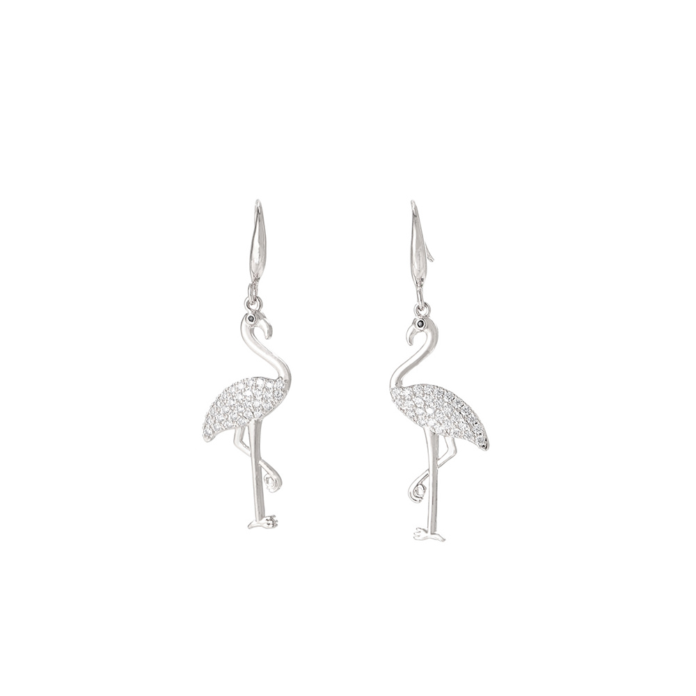 【Hongtai Store】Wo Accessories Cute Animal Rose Gold Cubic Zirconia Flamingo Drop Earring Charm Female Fashion Party Jewelry