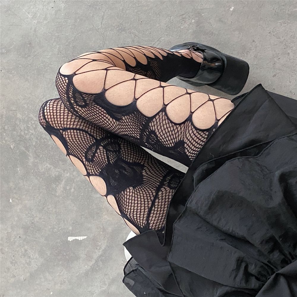 Girl Elastic Mesh Black Stockings Flower Nightclub Dress Up Fishnet Socks Body Stockings Hollow Lace Tights Printing Pantyhose Female Stockings