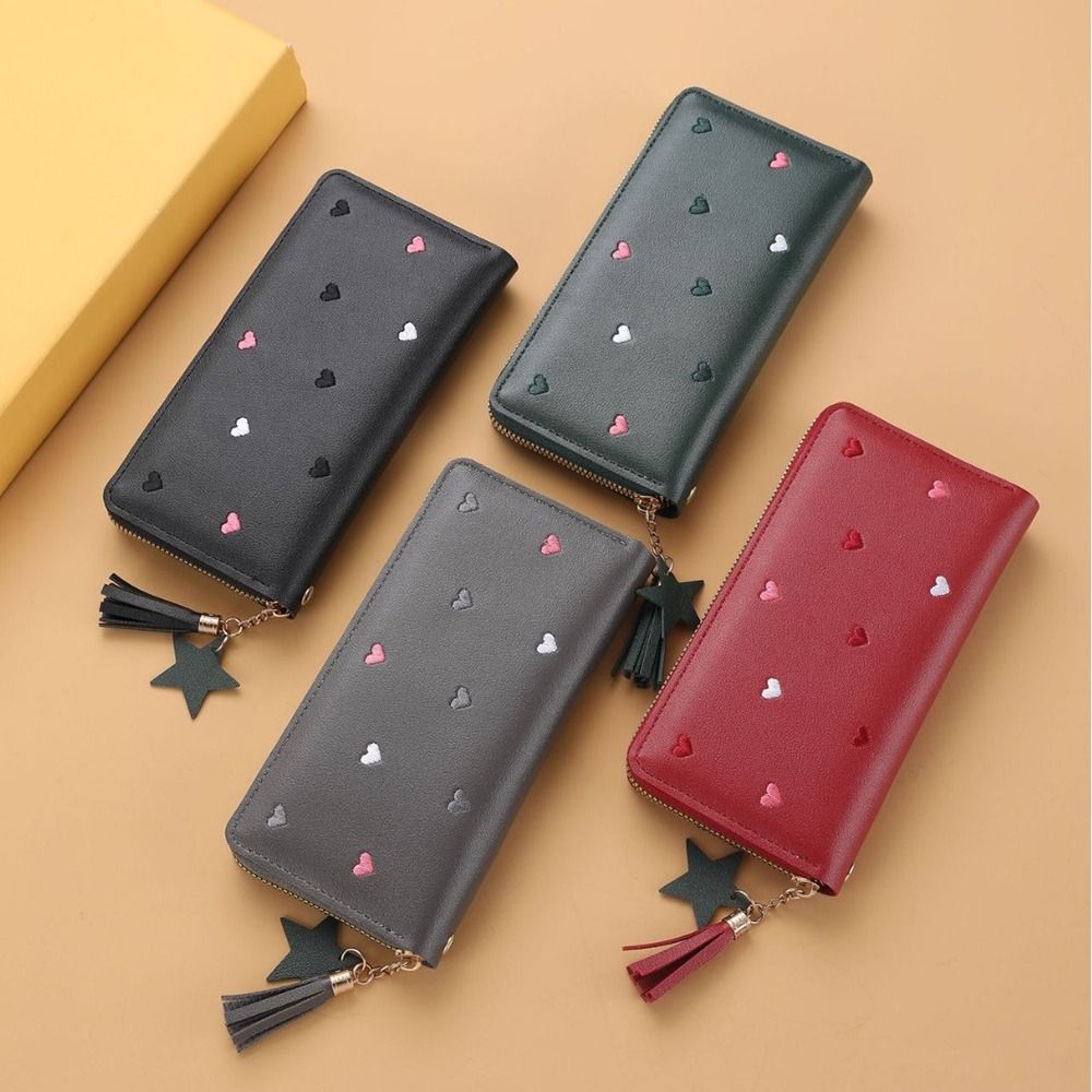 Women's Long Wallet Long Tassel Love Heart Large Capacity Wallet PU Multi-Cards Holder Clutch Bag Students