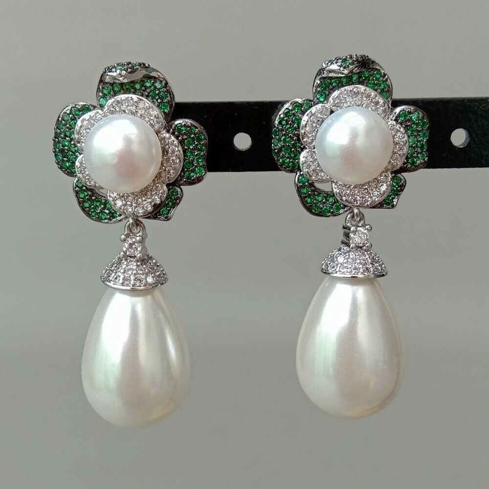 【Exclusive Discount】White Teardrop Sea Shell Pearl Green Cz Pave Flower Stud Earrings