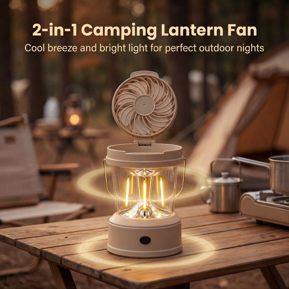 Practical 2 in LED Fan Lantern Strong Light Foldable Camping Lantern with Fan Cool with Handle Portable Electric Fan Hiking