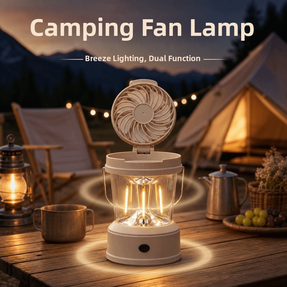 Practical 2 in LED Fan Lantern Strong Light Foldable Camping Lantern with Fan Cool with Handle Portable Electric Fan Hiking