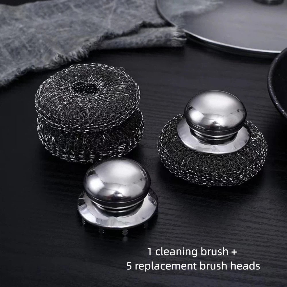 6Pcs Multifunctional Replaceable Brush Heads Stainless Steel Scrub Brushes Set Ergonomic Grip Durable Metal Scrubber Easy Cleaning Heavy Duty Scrubbing Balls Home Cleaning