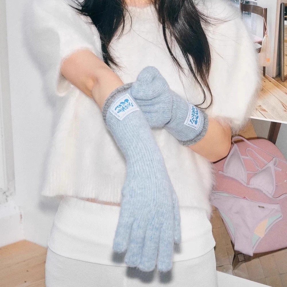 Trendy Mid-Length Warm Gloves Dopamine Colors Color-Blocking Knitted Gloves Comfortable Curly Design Five-Finger Gloves Women