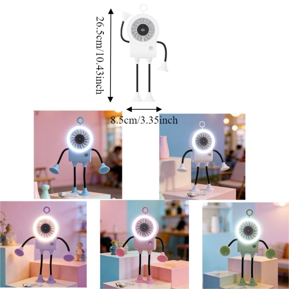 Smart Rechargeable Robot Suction Cup Fan Flexible Bendable Quiet Operation Portable Fan Digital Display 5 Speed Adjustable Desk Fan Travel