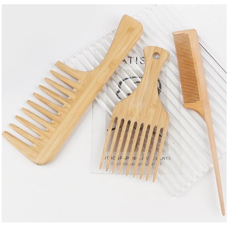 Wenefang Fashion 빗 Combs Natural Bamboo Wooden Hair Comb Anti-Static Afro Fork Combs for Women Round Wide Tooth Wood Comb Hair Brush Women