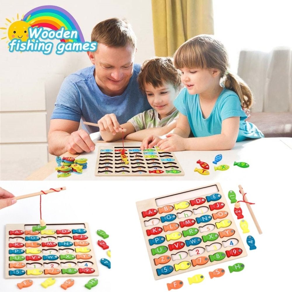Boys Girls Wooden Kids Fishing Toys Letter Cognition Puzzle Board Letter Number Puzzle Color Pairing Early Educational Fishing Game Toy Birthday Gift