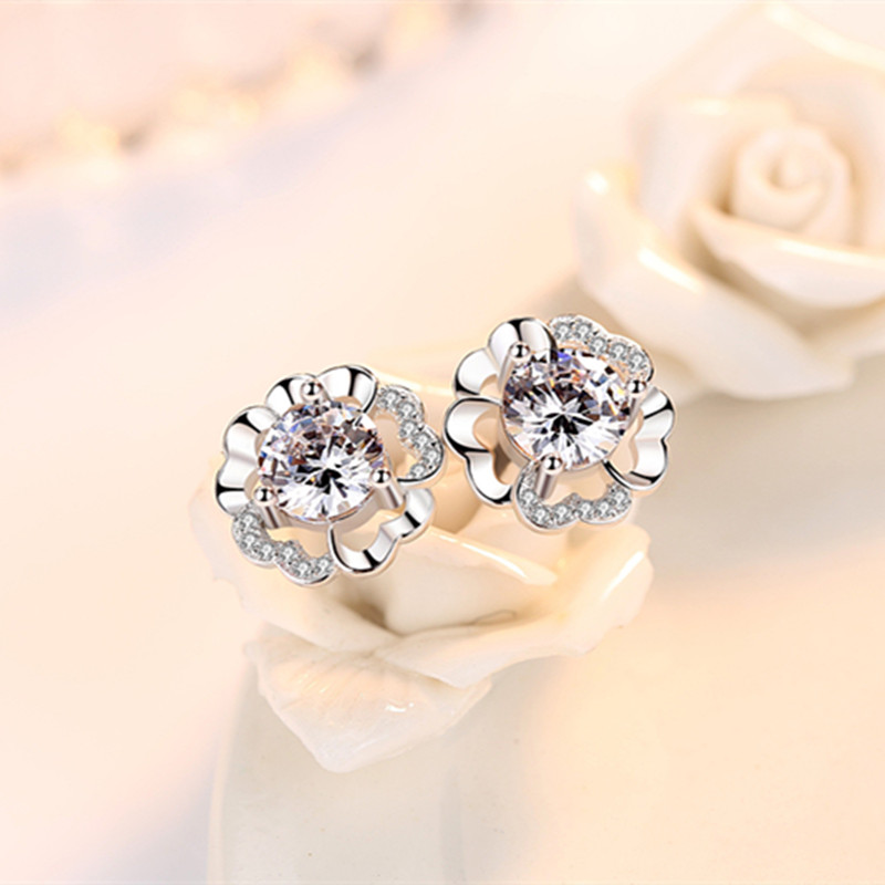 【Hongtai Store】2023 Jewelry Luxury Austrian Purple White Earring,Peach Blossom Flower Statet Silver Earrings for Wo Wedding