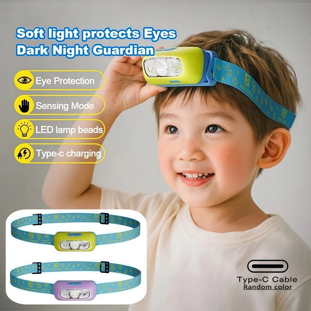 Portable Sensor Kids LED Headlamp Rechargeable Super Bright Head Light Lightweight Durable Headband Flashlight Children Run Read Cycling