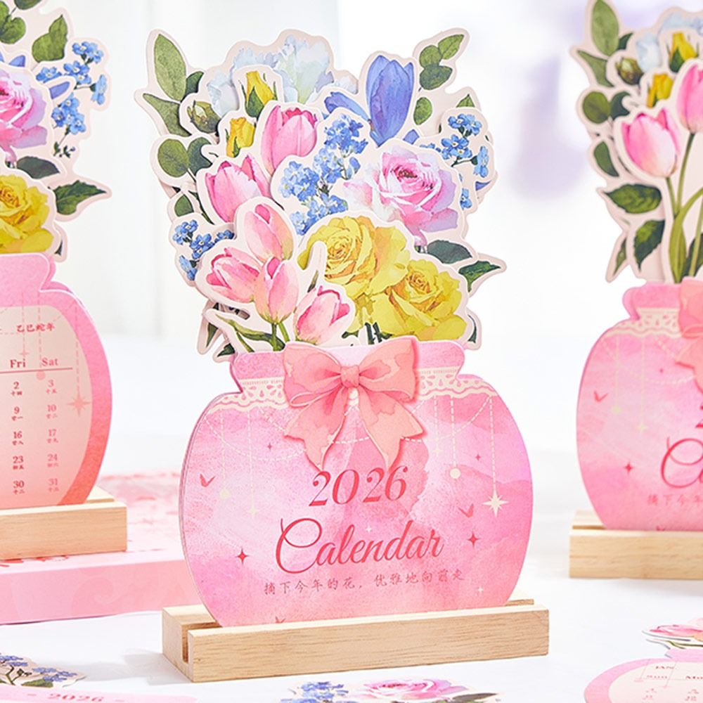 Wooden Base 2026 Desktop Calendar Detachable Base Floral Theme Bloomy Flowers Desk Calendar Vase Shaped Date Display