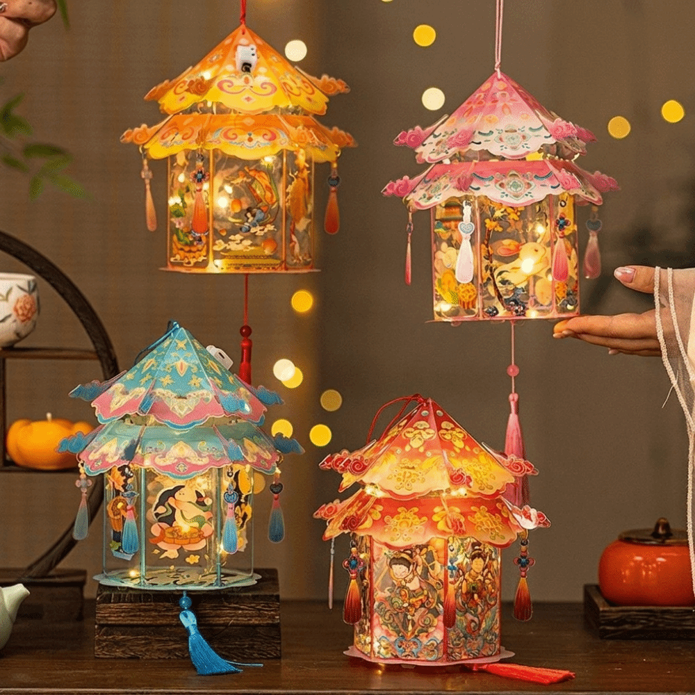 Kids Gift PVC Mid-Autumn Festival Lantern Lightweight Removable DIY Craft Material Kit Button Battery Operated Portable Hanging LED Lantern Holiday Decorations