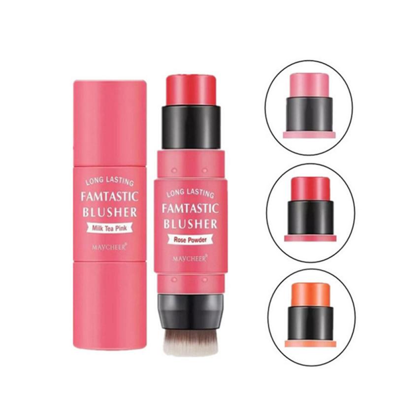 Yuanyan 3 Colors Double-headed Blush Stick With Brush Waterproof Lasting Blusher Face Brighten Rouge Stick Peach Creamy Makeup TSLM1