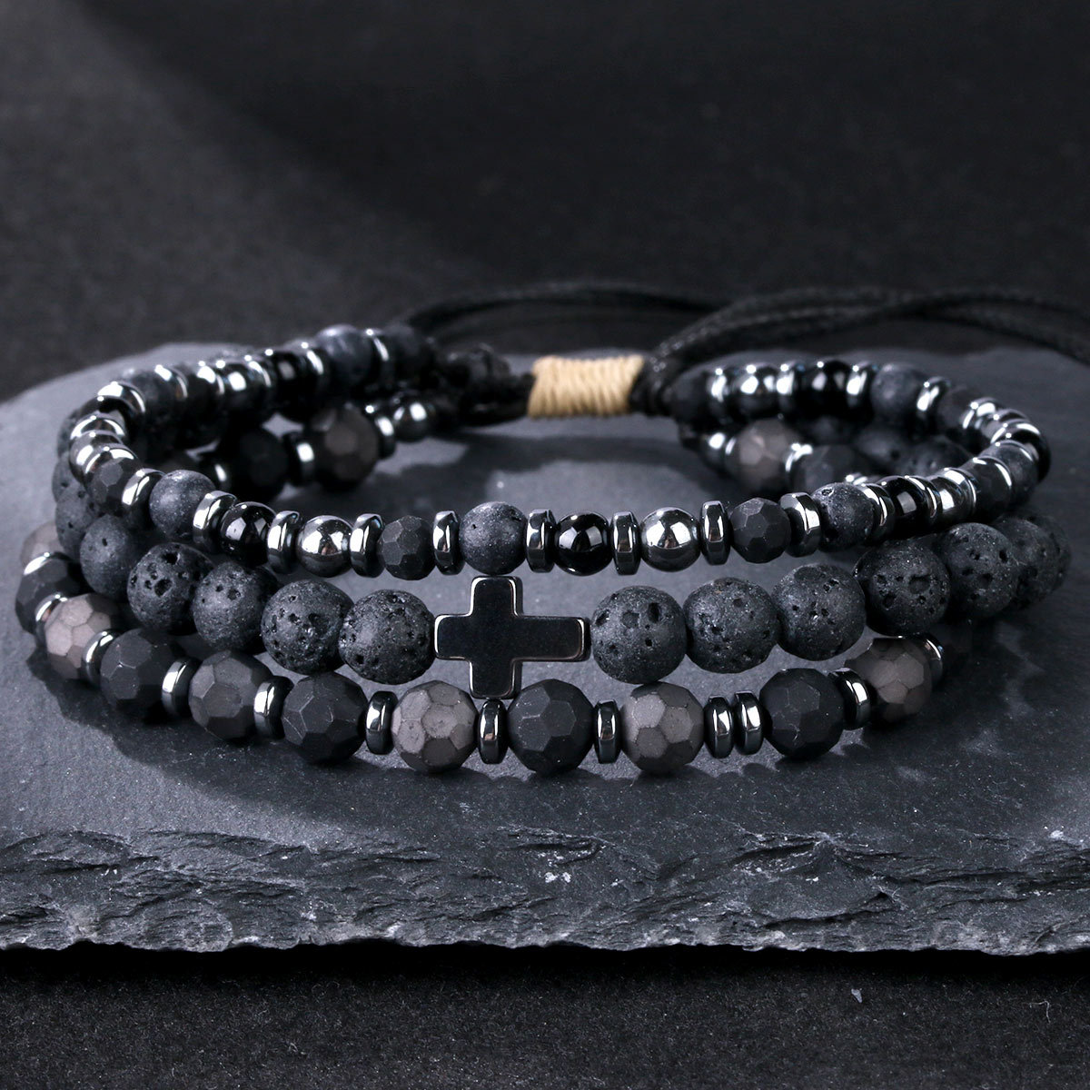 【Fashion-forward】Natural volcanic handmade cross bracelet fashion simple black new bracelet jewelry