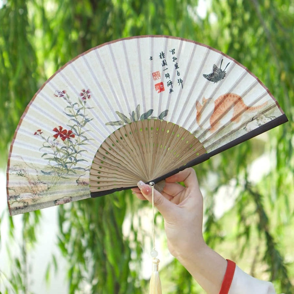 Retro Bamboo Skeleton Hand Chinese Style Folding Fan Ancient Style Traditional Craft Hand Fan with Tassel Elegant Hanfu Dance Fan Summer