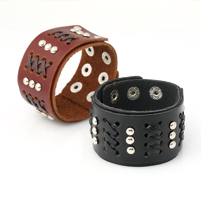 【Top Picks】2018 New Rock Punk Wide Leather Woven Genuine Leather Bracelet Non-mainstream Trendy Men's Bracelet Jewelry