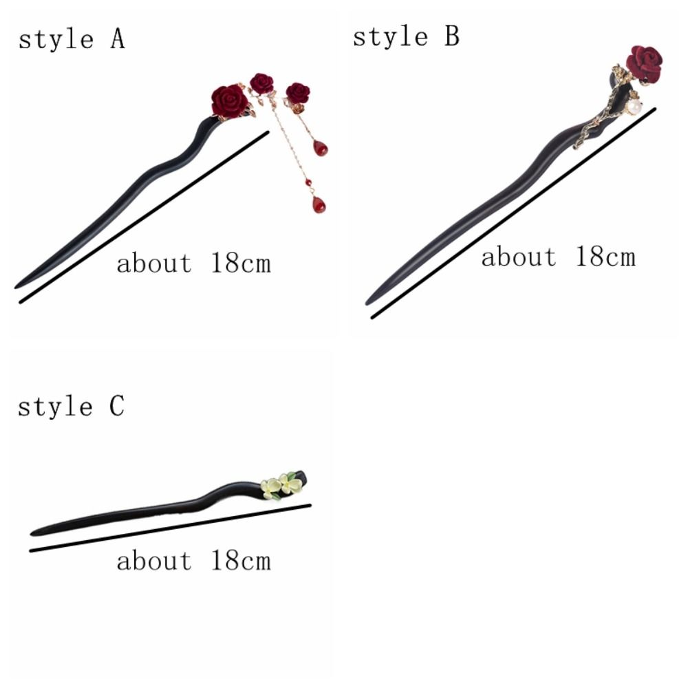 Hair Clip Accessories Red Rose Chinese Hair Stick Retro Handmade Vintage Hairpin Ancient Style Wooden Hair Bun For Women