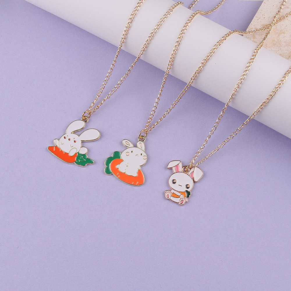 【Top Picks】Cartoon Cute White Rabbit Carrot Alloy Oil Drop Necklace College Style Male and Female Couple Girlfriend Accessories Pendant