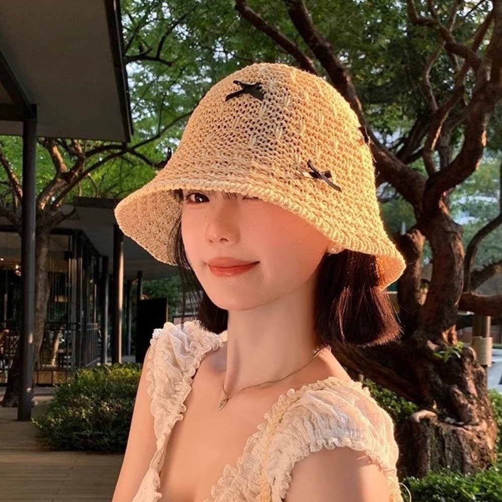 Fashion Solid Color Women Fisherman Hat Weave Straw Bow Bucket Hat Cotton Sun Protection Sunscreen Visor Cap Summer